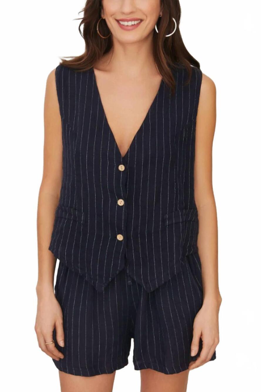 NEW MILIO MILANO pinstripe linen vest in navy stripe